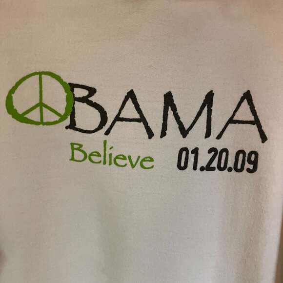 Gildan Mens Vintage 2009 Y2K President Obama Believe Hoodie Large White SP EXC - Picture 2 of 10